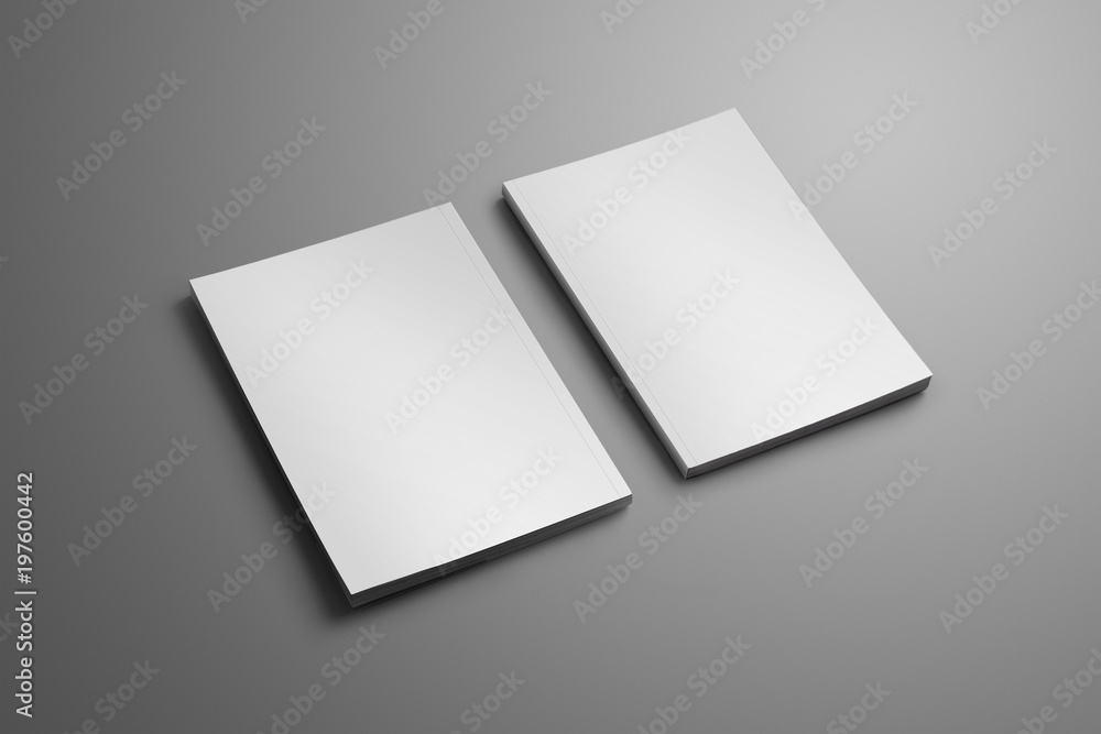 Poster two elegant blank closed a4, (a5) brochures with soft realistic shadows isolated on gray background.