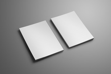 Two elegant blank closed A4, (A5) brochures with soft realistic shadows isolated on gray background.
