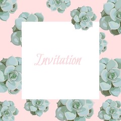 Greeting card with succulent, watercolor style, can be used as invitation card for wedding, birthday and other holiday and summer and spring background. Light pink backdrop. 