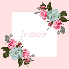 Greeting card with roses, watercolor style, can be used as invitation card for wedding, birthday and other holiday and summer and spring background.