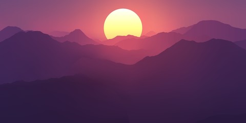 Pink and purple sunset in the mountains. Mountain landscape with a great sun. Realistic vector illustration.