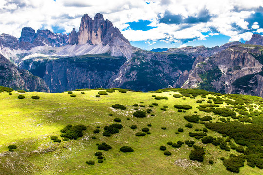 Dolomite landscape with the three peaks of lavaredo, italy