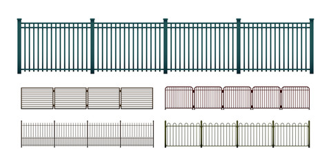 Painted metal fences isolated on white, vector set of various simple modular horizontally seamless fencing elements, a flat art illustration