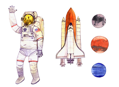 watercolor set space illustration with  astronaut, rocket and planet isolated on white background