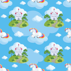 Fairy children seamless pattern with the image of cute unicorns. Colorful vector background in cartoon style.