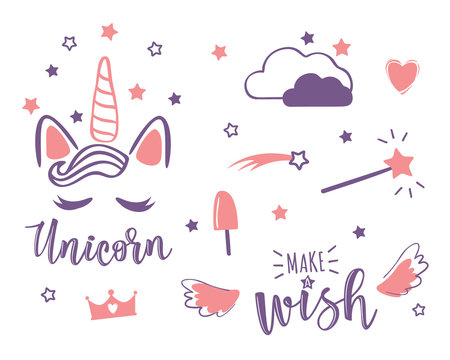 Vector illustration of a magic cute set with unicorn and stars
