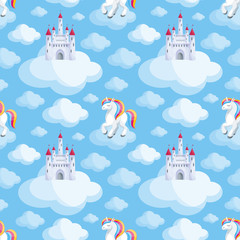 Fairy children seamless pattern with the image of cute unicorns. Colorful vector background in cartoon style.