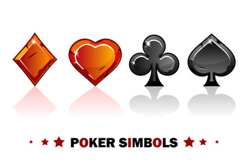 Peak, tref, chirva and tambourine, red and blak old Poker symbols of playing cards. Icons for game assets