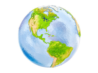 Jamaica on globe isolated