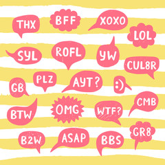Hand Drawn Internet Acronyms, Abbreviations in Chat Bubbles