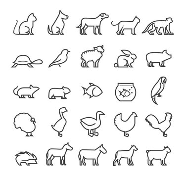 Set of Quality Universal Standard Minimal Simple Black Thin Line Pets and Farm Animals on White Background