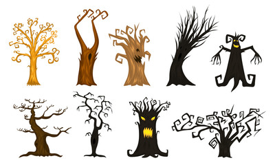 Halloween trees, creepy or scary and frightening branches. fabulous mythical or fantastic monsters. wooden creatures in the forest.