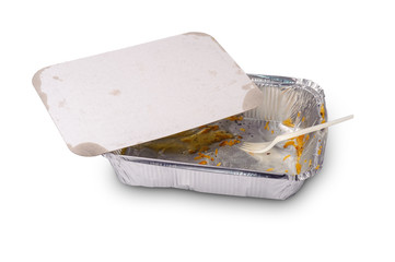 Take away foil plate with leftovers of food and plastic fork
