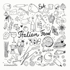 Hand Drawn Italian Food Doodle Collection. Vector Illustration
