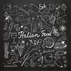 Chalkboard Italian Food Doodle Collection. Vector Illustration