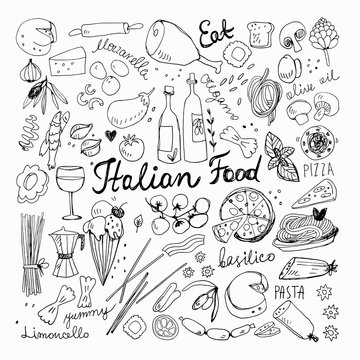 Hand Drawn Italian Food Doodle Collection. Vector Illustration