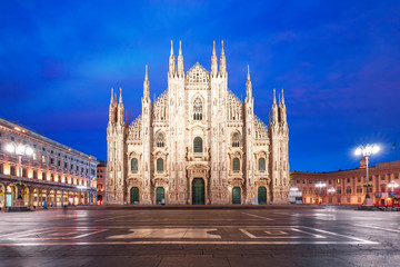 Fototapeta na wymiar Piazza del Duomo, Cathedral Square, with Milan Cathedral or Duomo di Milano during morning blue hour, Milan, Lombardia, Italy
