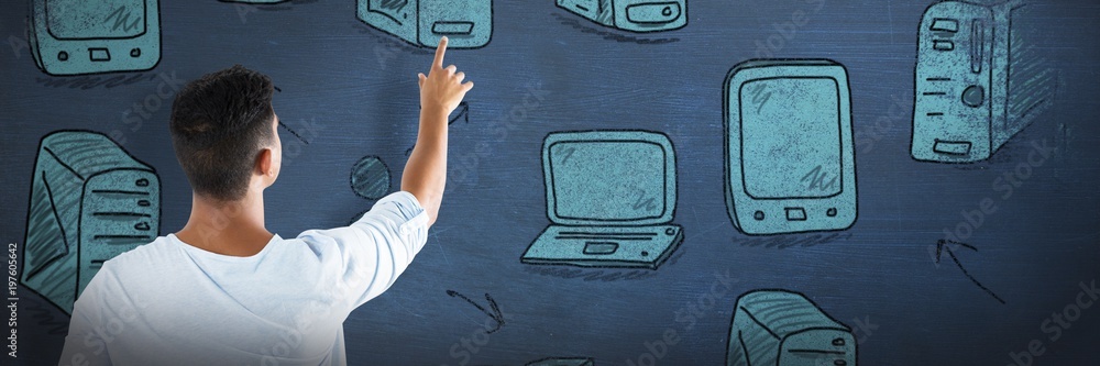 Poster composite image of man pretending to touch an invisible screen