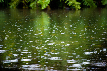 Rain drops rippling in a puddle with blue sky reflection