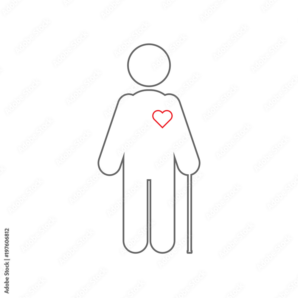 Poster Old man silhouette with walking stick and red heart on his body. International Day of Older Persons concept. Vector icon.