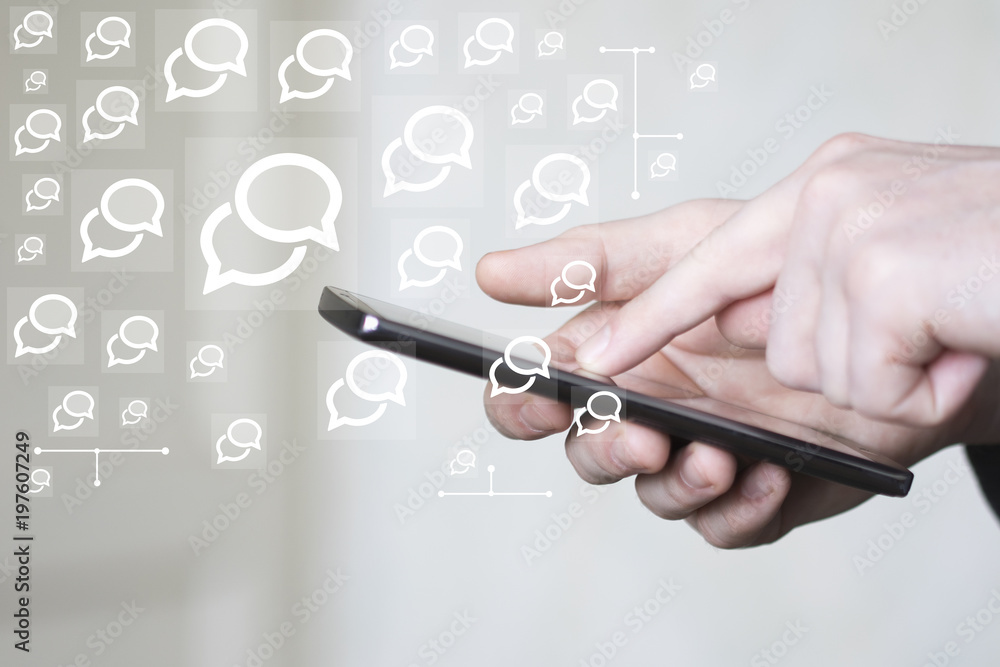 Poster businessman presses button message mail on phone virtual electronic user interface communication