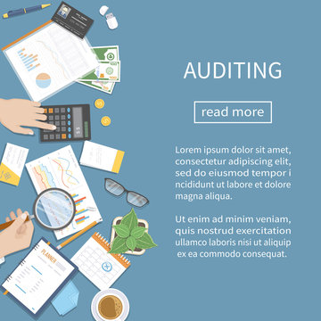 Auditing, accounting, analysis, analytics. Auditor inspects financial documents.  Businessman hands with magnifying glass above documents, calculator, calendar, wallet, money, coins on the desk Vector