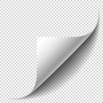 Blank page with curled corner and soft shadow. Corner of sheet of paper. Realistic vector illustration isolated on transparent background, eps 10.