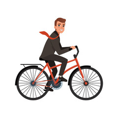 Smiling business man riding bicycle to work. Eco-friendly transportation. Cartoon character of young office worker in classic black suit. Flat vector design