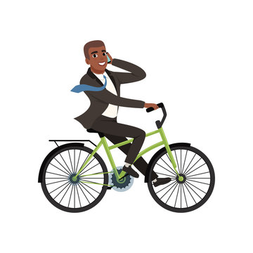 Afro-American businessman riding bicycle and talking on phone. Cartoon young guy in formal black suit with blue tie. Mobile urban transport. Flat vector design