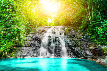 Fototapeta na wymiar Tropical waterfall in the forest,Ton Chong Fa in khao lak Phangnga South of Thailand