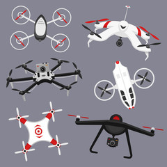 Set of modern air drones and remote control. Science and Modern technologies. Vector illustration. Radio robot or airplane with a camera in the air. Innovative systems and developments.