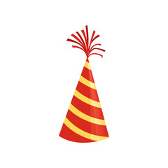 Red cone hat with yellow stripes. Colorful accessory for Birthday party. Bright vector icon in flat style. Graphic decorative element
