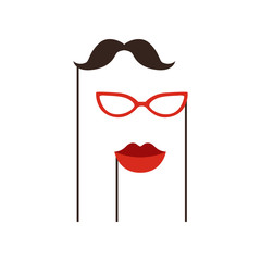 Black mustache, red glasses and lips on sticks. Festive accessories for Birthday party and carnival. Modern flat vector design. Graphic decorative elements