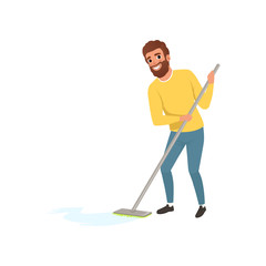 Smiling man cleaning floor with mop. Cartoon character of house husband. Young bearded guy doing housework. Male in sweater and jeans. Flat vector design