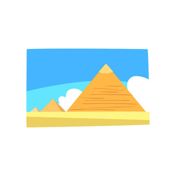 Ancient Egyptian pyramids in desert, blue sky and white clouds on background. Travel to Egypt. Colorful sandy landscape. Flat vector for postcard, advertising poster