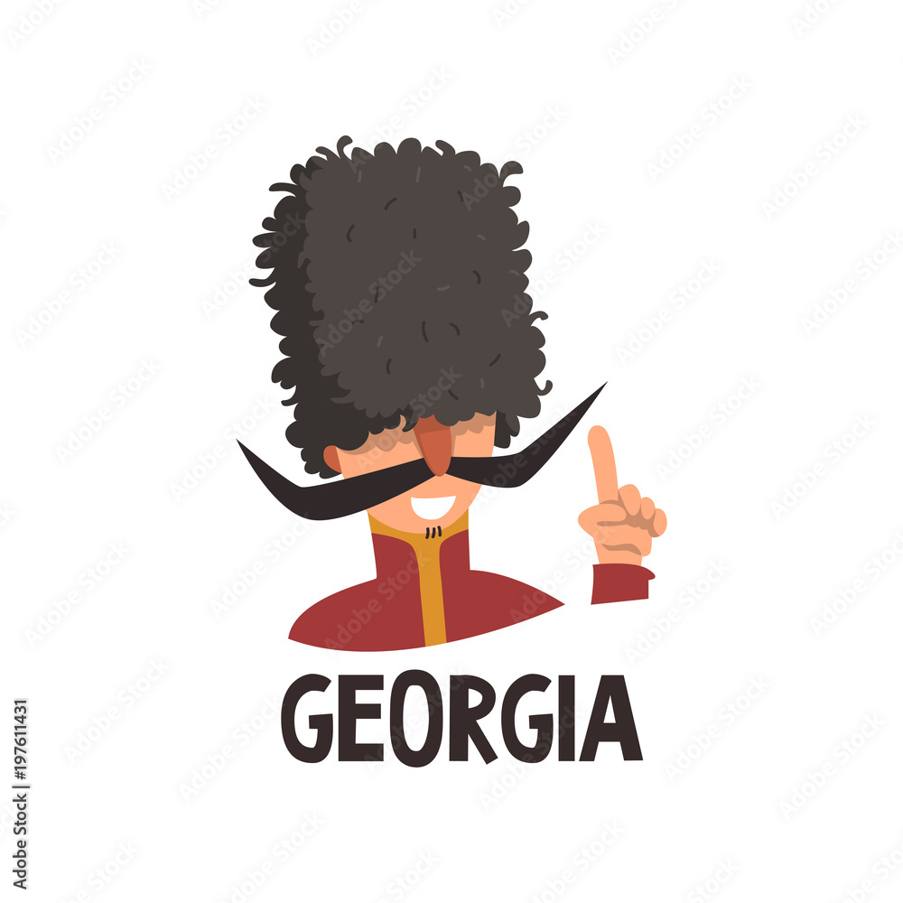 Poster Funny portrait of Caucasian man in papakha. Cartoon cheerful Georgian male with mustache in traditional headdress. Flat vector icon