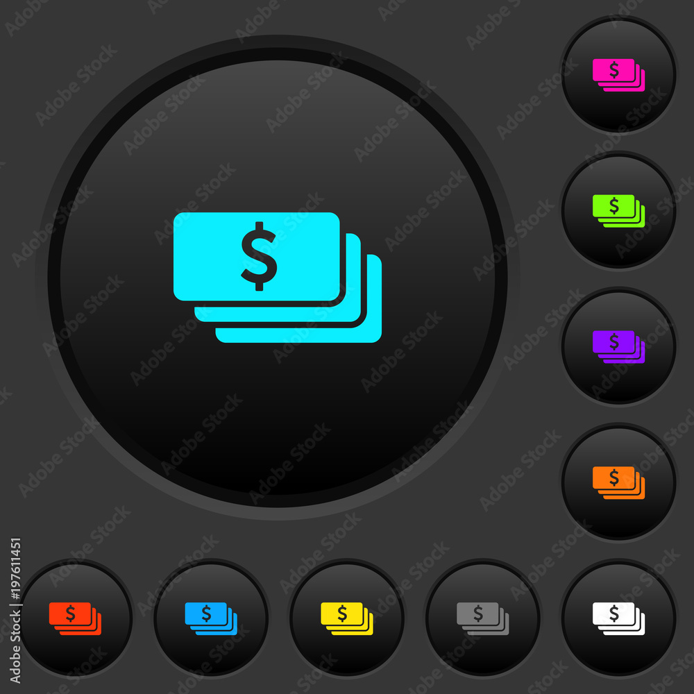 Poster dollar banknotes dark push buttons with color icons