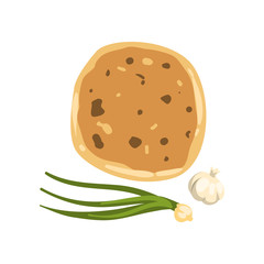 Cartoon illustration of khachapuri, green onion and garlic. Traditional Georgian dish of cheese-filled bread. National cuisine of Georgia. Flat vector icon