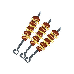 Tasty grilled pork kebabs on metal skewers. Meat dish of Middle Eastern cuisine. Barbecue theme. Traditional Georgian food. Cartoon style icon. Flat vector design