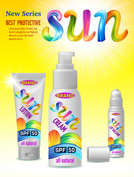 Poster of set sunscreen, cream, lotion, gel, balsam and spray. Protection from the sun. Lettering calligraphy font with brushstroke oil or acrylic paint. 3d realistic vector illustration.
