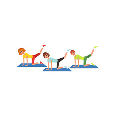 Three women doing leg swings workout. Cartoon people in sportswear. Young girls in gym. Visiting fitness center. Active lifestyle. Flat vector design