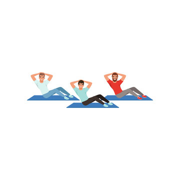 Young guys doing sit ups. Belly burning training. Active physical exercise. Three men in sportswear. Cartoon people in gym. Healthy lifestyle. Flat vector design