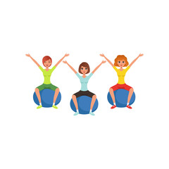 Young girls doing exercise while sitting on fitness balls. Women in colorful sportswear. Healthy lifestyle. Cartoon people in gym. Active workout. Flat vector
