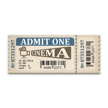 Cinema ticket in retro style. Admission ticket isolated on white background. Vector illustaration