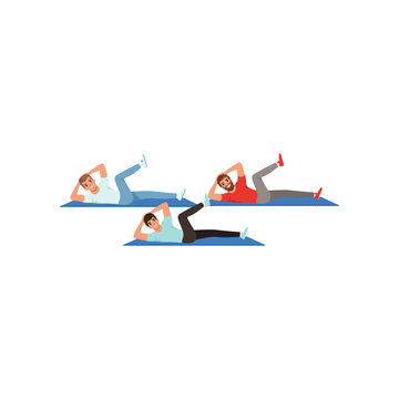 Sporty young guys doing twist crunches exercises. Active workout. Cartoon men in sportswear. Healthy lifestyle. People in fitness center. Flat vector design