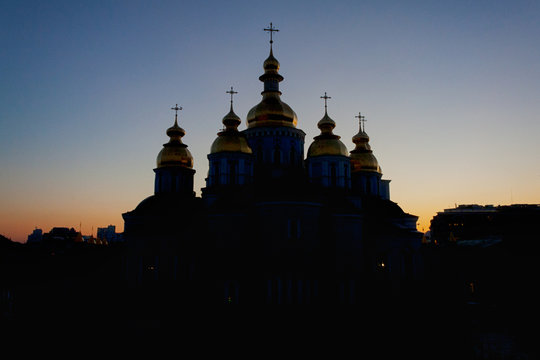 St. Michael's Golden-Domed Monastery at dusk sunset, Kiev, Ukraine
