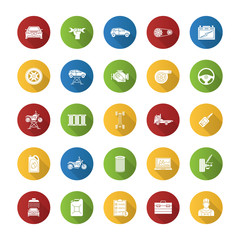 Auto workshop flat design long shadow glyph icons set