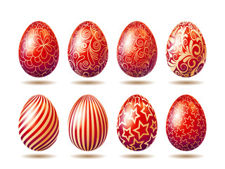 Set of Easter bright red eggs with golden ornament