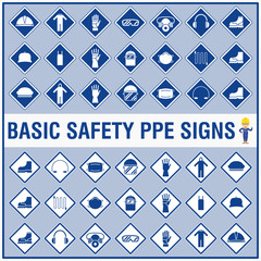 Set of safety signs and symbols for warning and remind all workers to wear their Personal Protective Equipment (PPE).