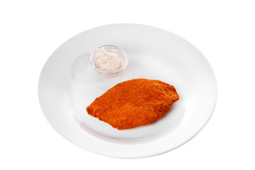 Schnitzel from chicken, pork, beef, meat, grilled fish, barbecue, isolated white background. Tartar, sour cream, mayonnaise, white sauce. For the menu in the restaurant bar Side view